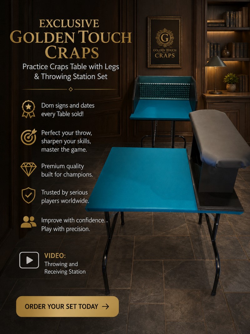 Golden Touch Craps complete practice set - throwing station and free-standing receiving station practice craps table, both signed by Dominator
